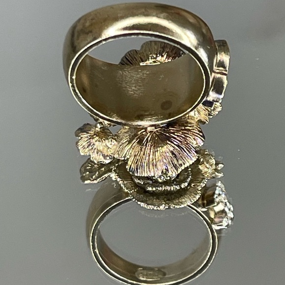 CHANEL Camellia CC Logo Rhinestone Gold Tone Ring Size 6 - Picture 10 of 14